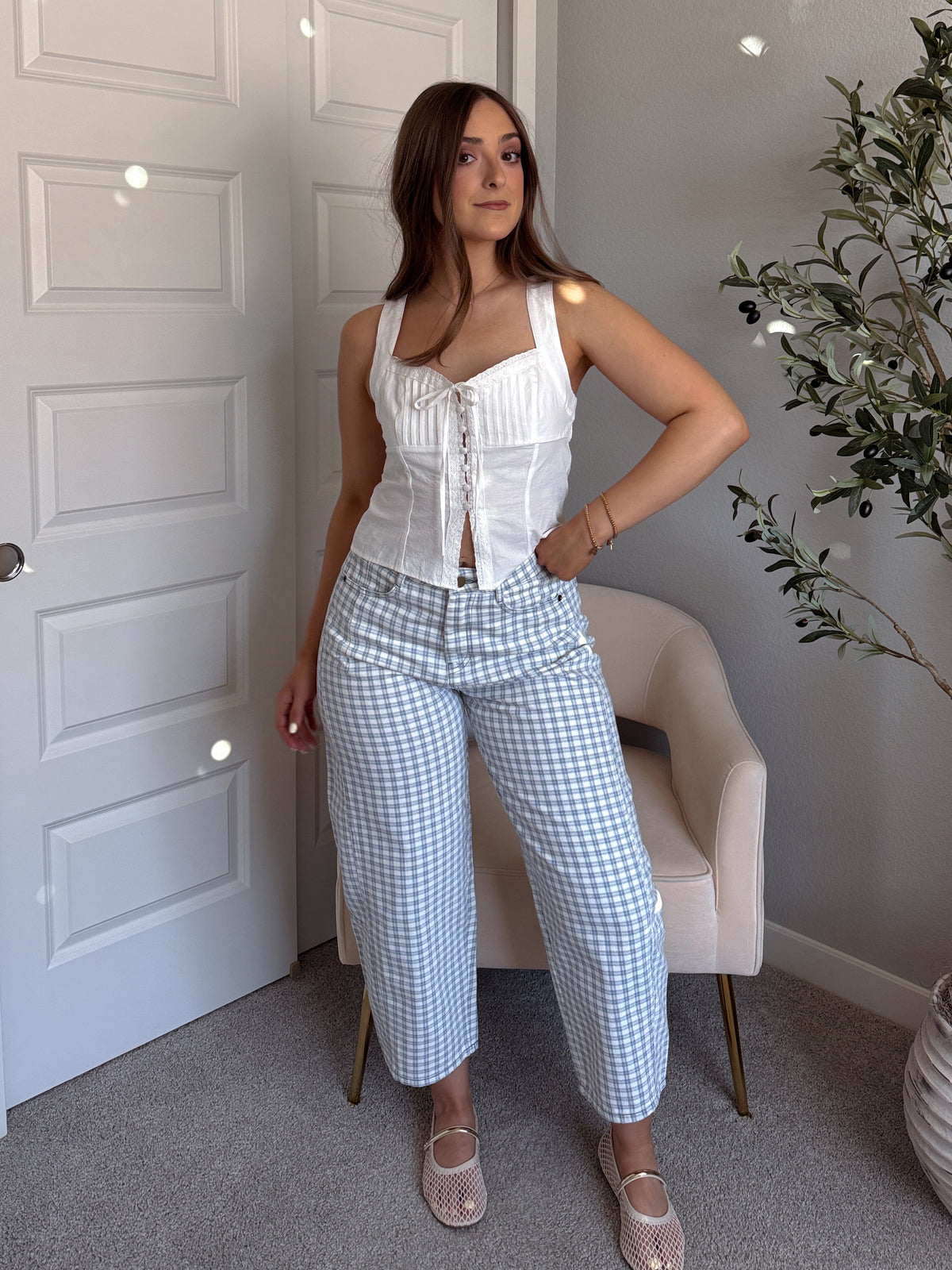 Teddy High Waist Mini Checkered Barrel Leg Jeans (Blue/White)