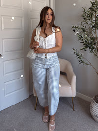 Teddy High Waist Mini Checkered Barrel Leg Jeans (Blue/White)