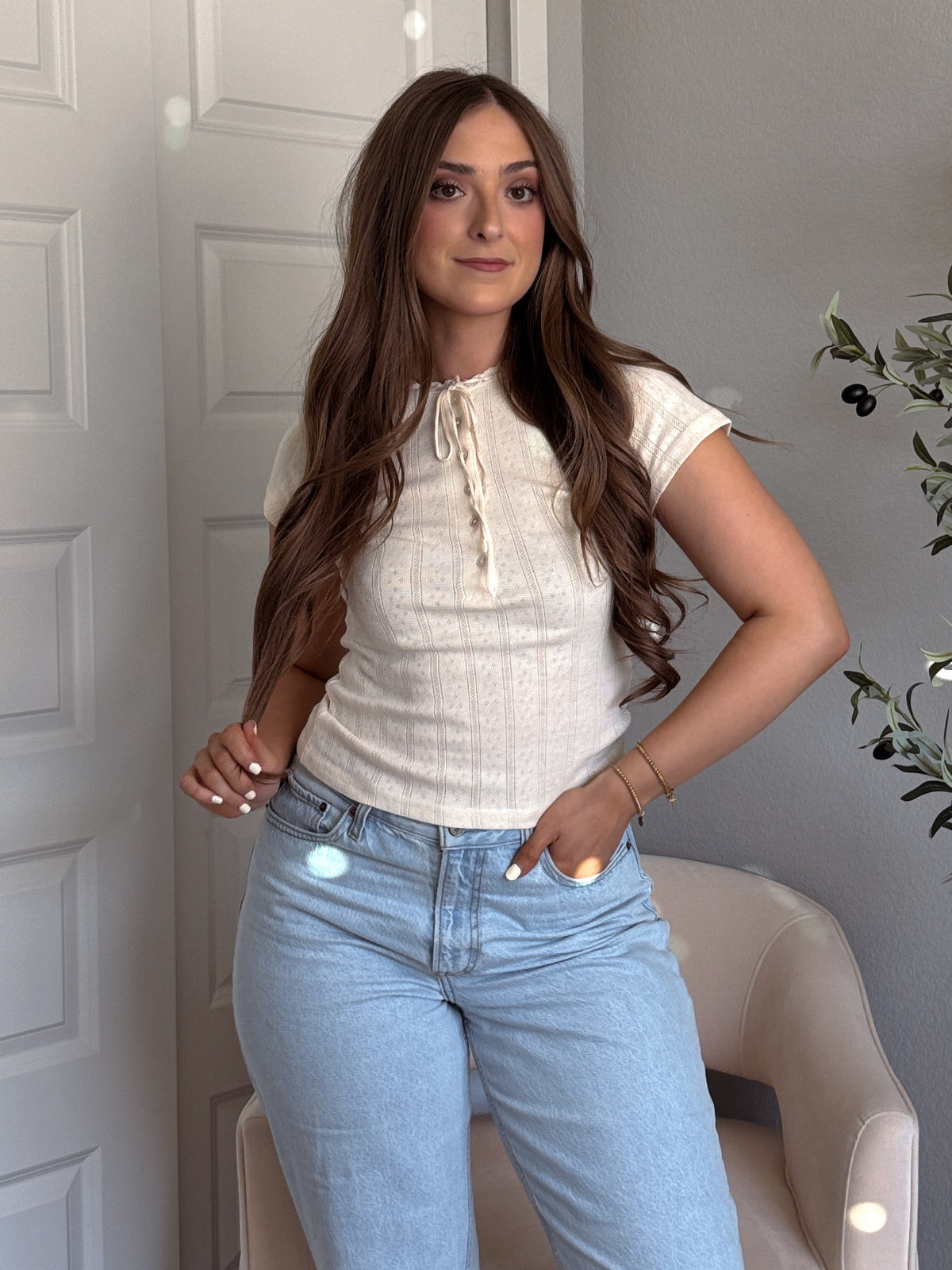 Briar Pointelle Tie Front Top (Butter)