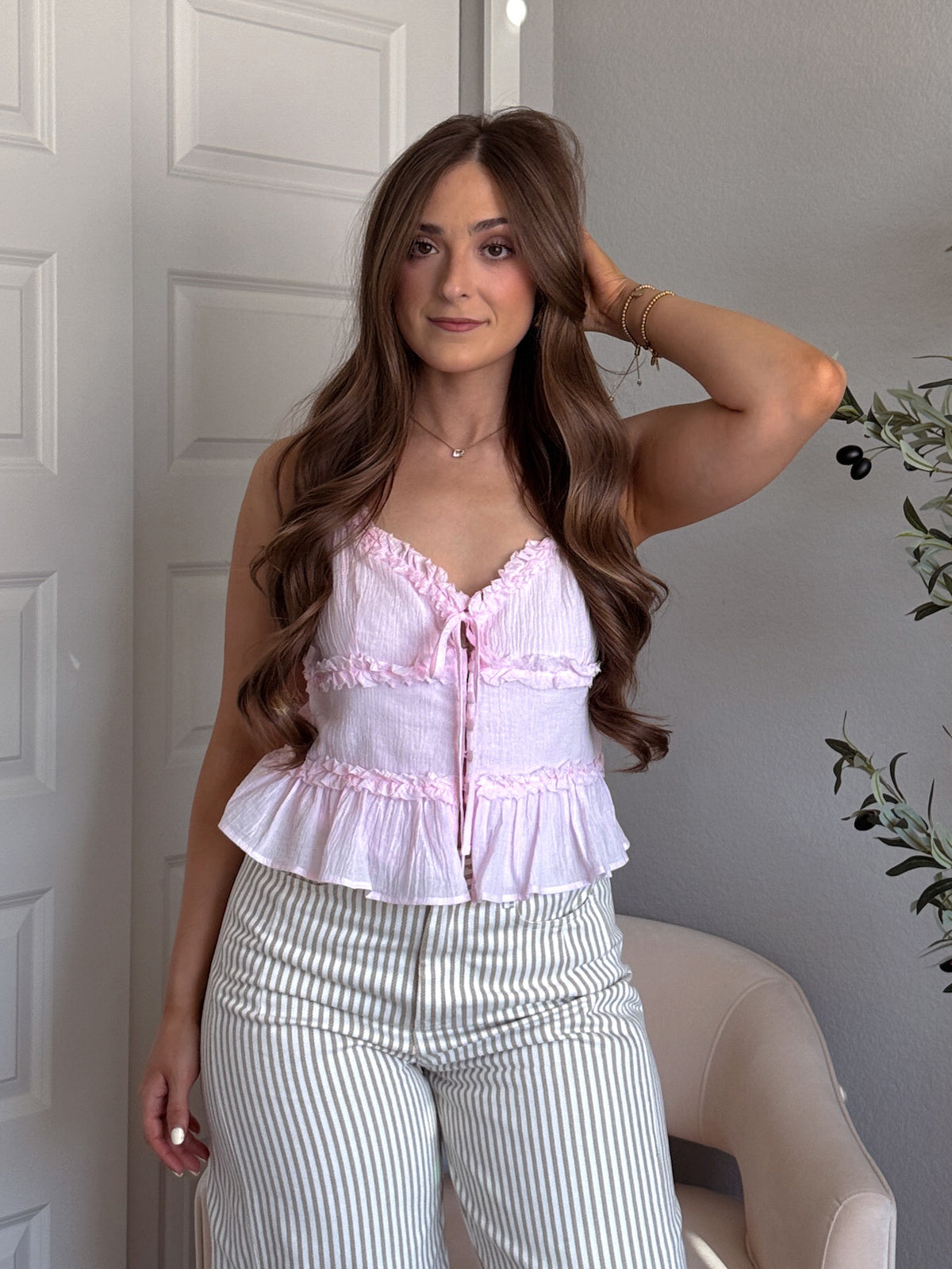 Liora Cotton Ruffle Peplum Tie Front Top (Water Pink)