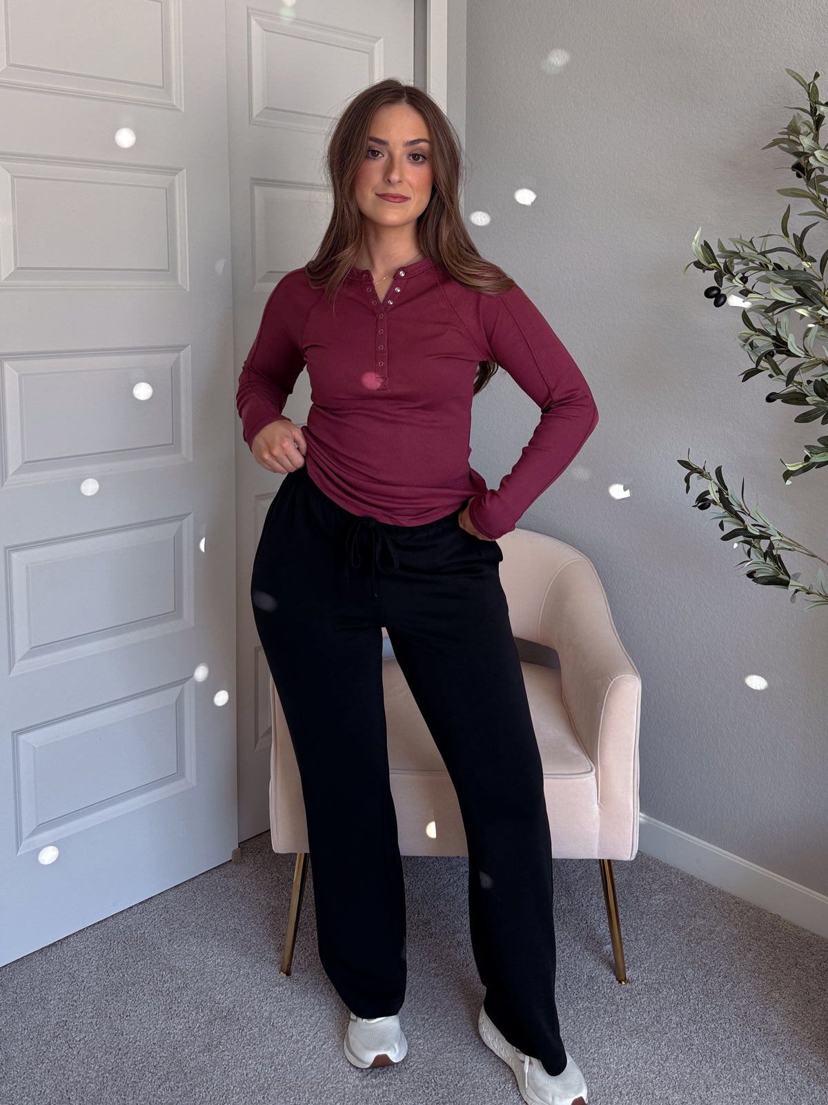 Hayes Long Sleeve Micro-Ribbed Henley Top (Rosewood)