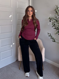 Hayes Long Sleeve Micro-Ribbed Henley Top (Rosewood)