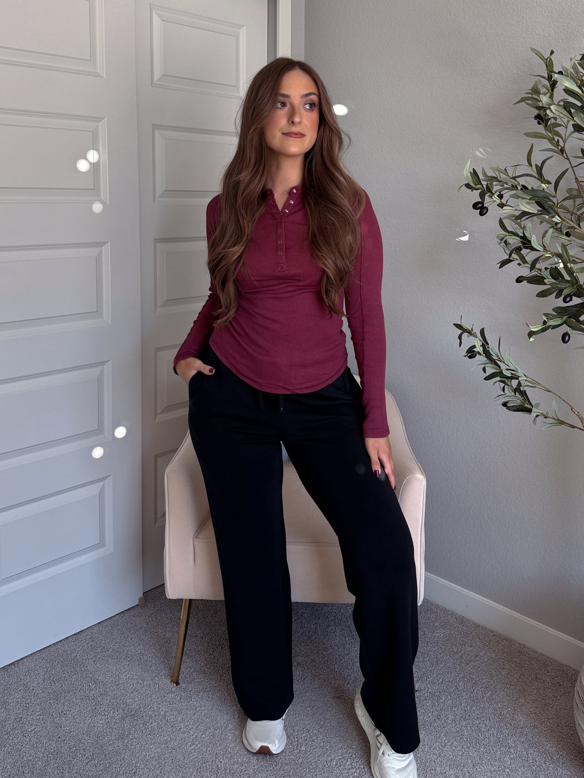 Hayes Long Sleeve Micro-Ribbed Henley Top (Rosewood)
