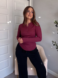 Hayes Long Sleeve Micro-Ribbed Henley Top (Rosewood)