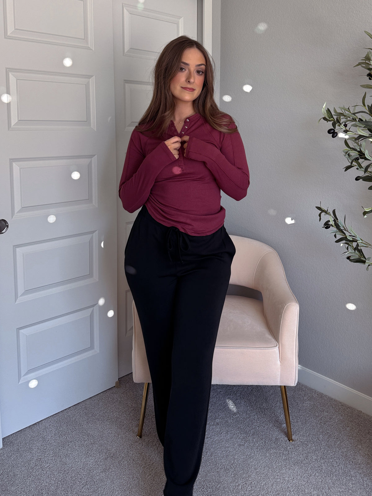Hayes Long Sleeve Micro-Ribbed Henley Top (Rosewood)