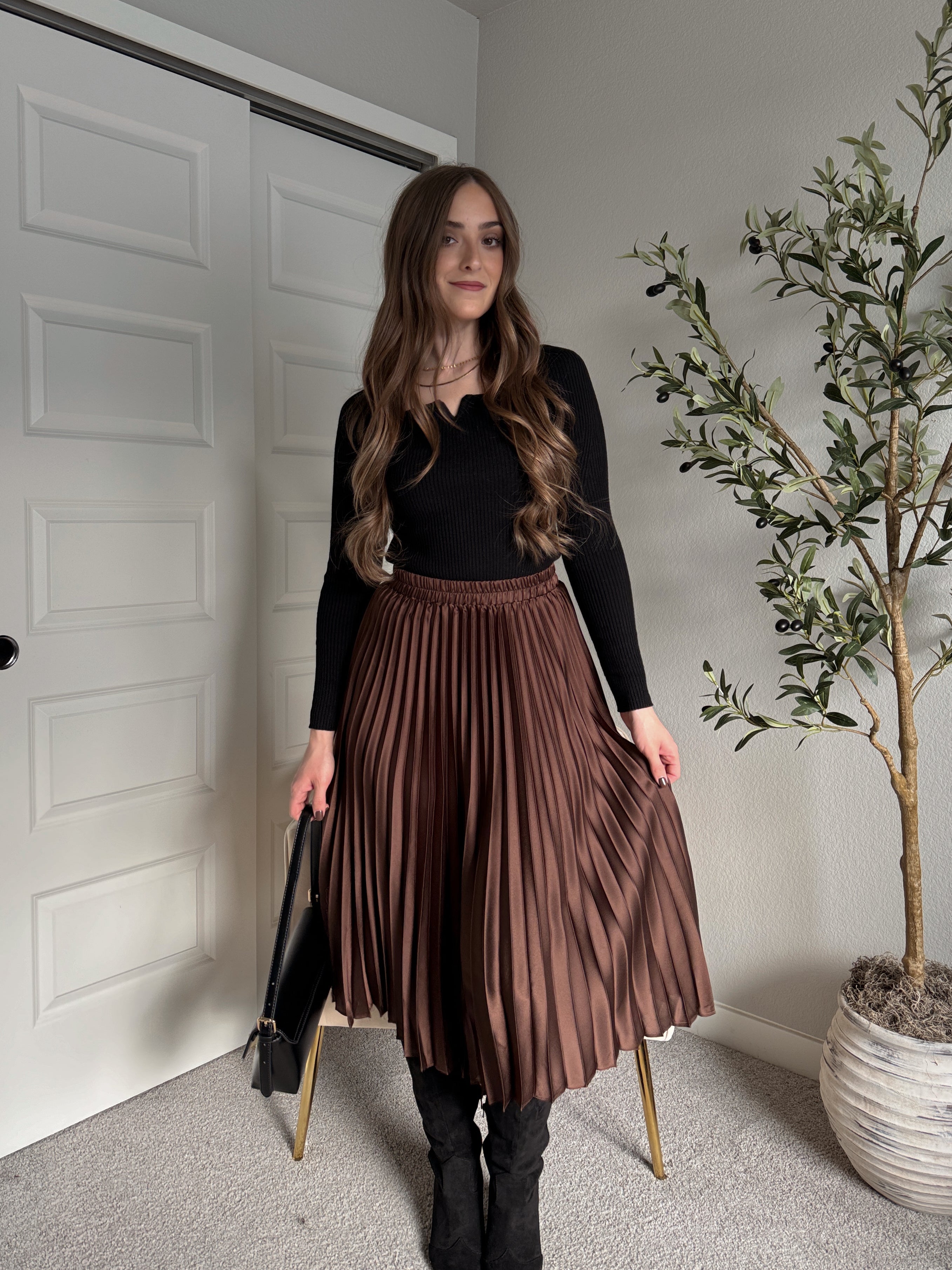 Siena Pleated Satin Midi Skirt (Brown) – La Belle Boutique