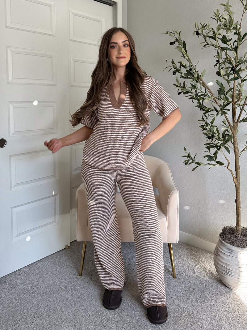 Thompson Short Sleeve Collared Striped Sweater Top (Mocha/Cream)