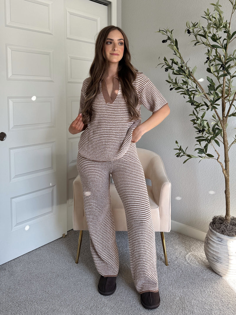 Thompson Short Sleeve Collared Striped Sweater Top (Mocha/Cream)
