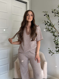 Thompson Short Sleeve Collared Striped Sweater Top (Mocha/Cream)