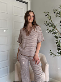 Thompson Short Sleeve Collared Striped Sweater Top (Mocha/Cream)