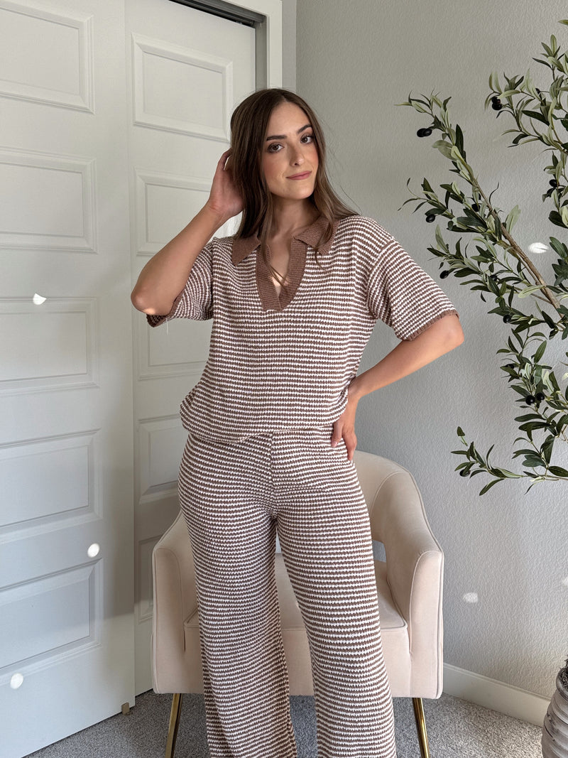 Thompson Short Sleeve Collared Striped Sweater Top (Mocha/Cream)