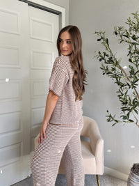 Thompson Short Sleeve Collared Striped Sweater Top (Mocha/Cream)