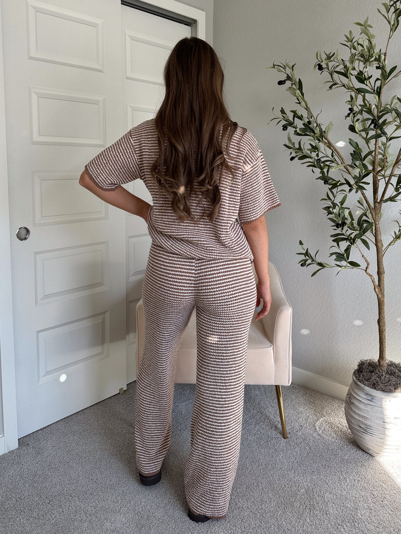 Thompson Short Sleeve Collared Striped Sweater Top (Mocha/Cream)