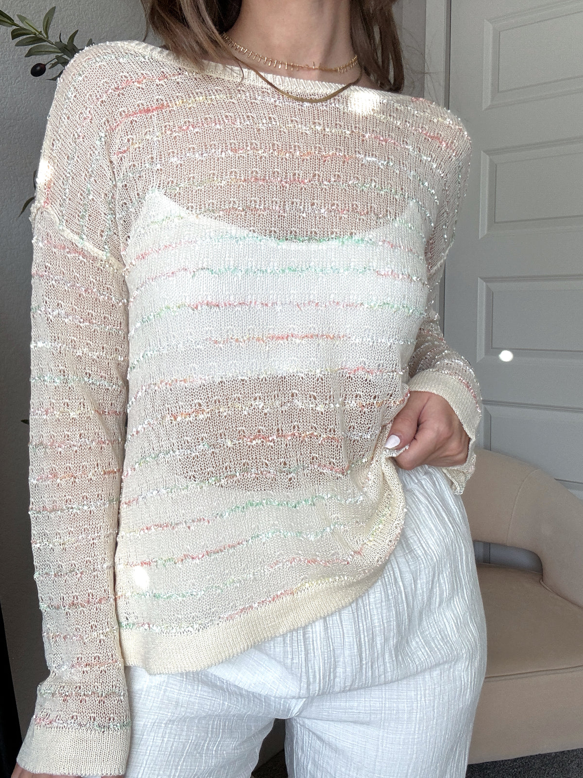 Tinsley Back Twist Striped Sheer Knit Top (Butter Cream)