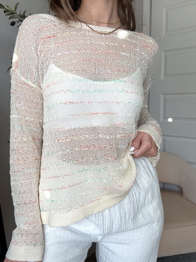 Tinsley Back Twist Striped Sheer Knit Top (Butter Cream)