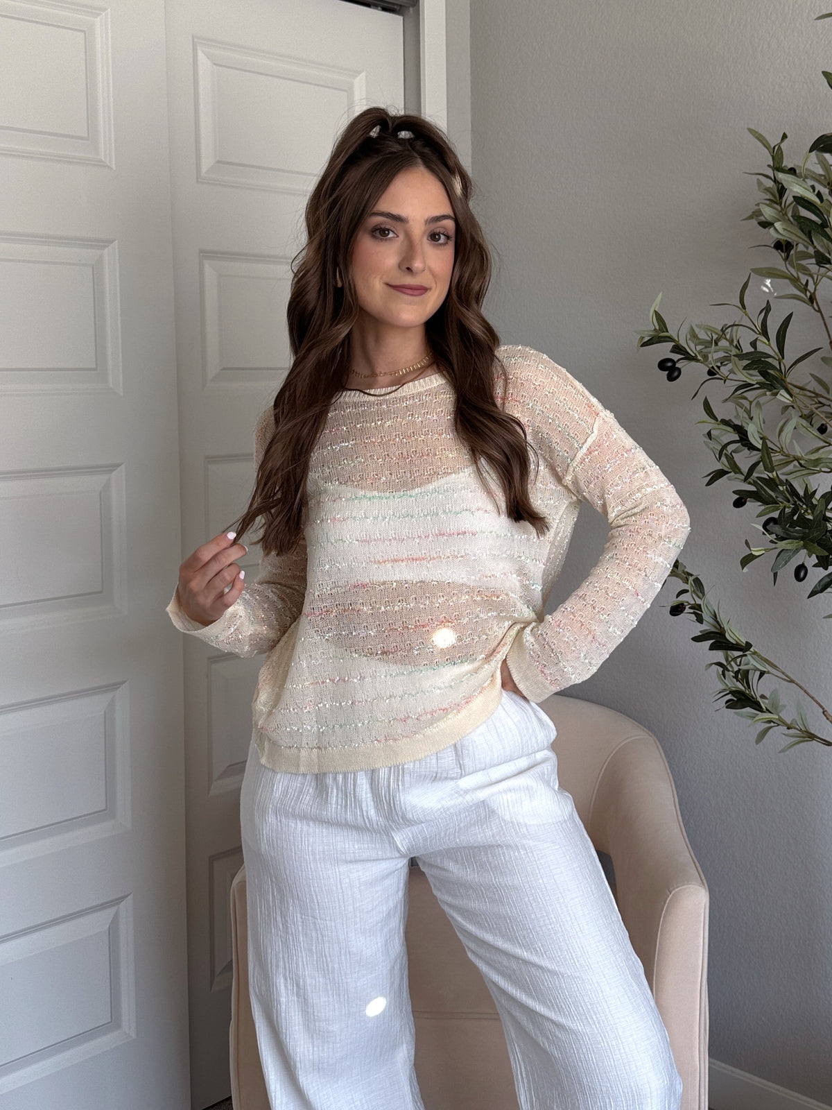 Tinsley Back Twist Striped Sheer Knit Top (Butter Cream)