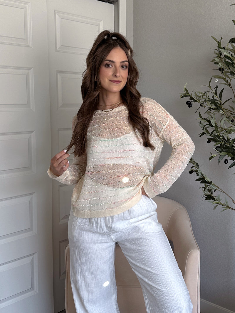 Tinsley Back Twist Striped Sheer Knit Top (Butter Cream)