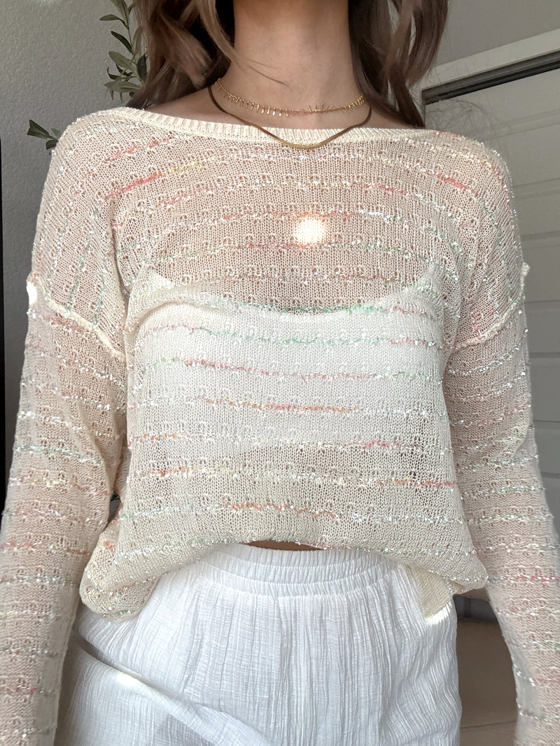 Tinsley Back Twist Striped Sheer Knit Top (Butter Cream)
