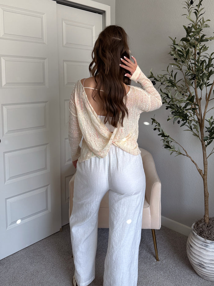 Tinsley Back Twist Striped Sheer Knit Top (Butter Cream)