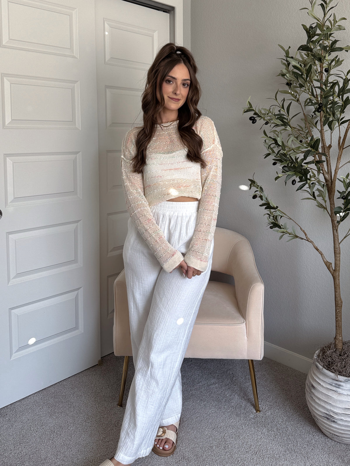 Tinsley Back Twist Striped Sheer Knit Top (Butter Cream)