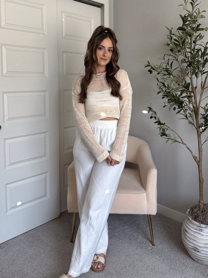 Tinsley Back Twist Striped Sheer Knit Top (Butter Cream)
