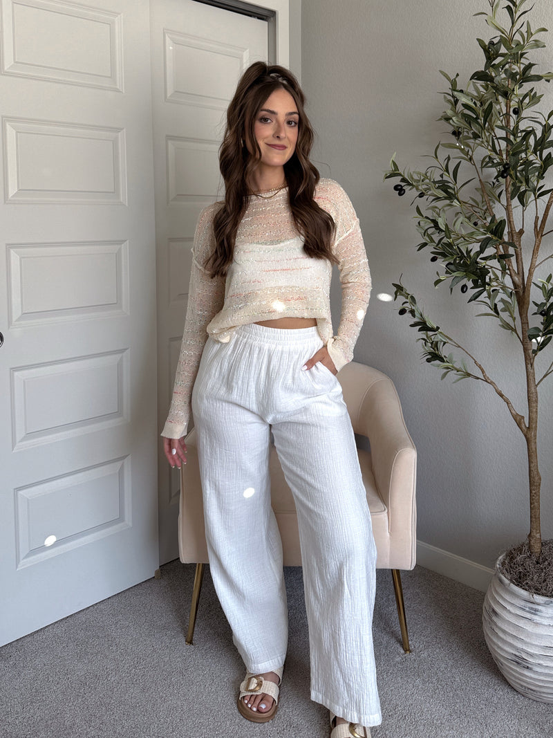 Tinsley Back Twist Striped Sheer Knit Top (Butter Cream)