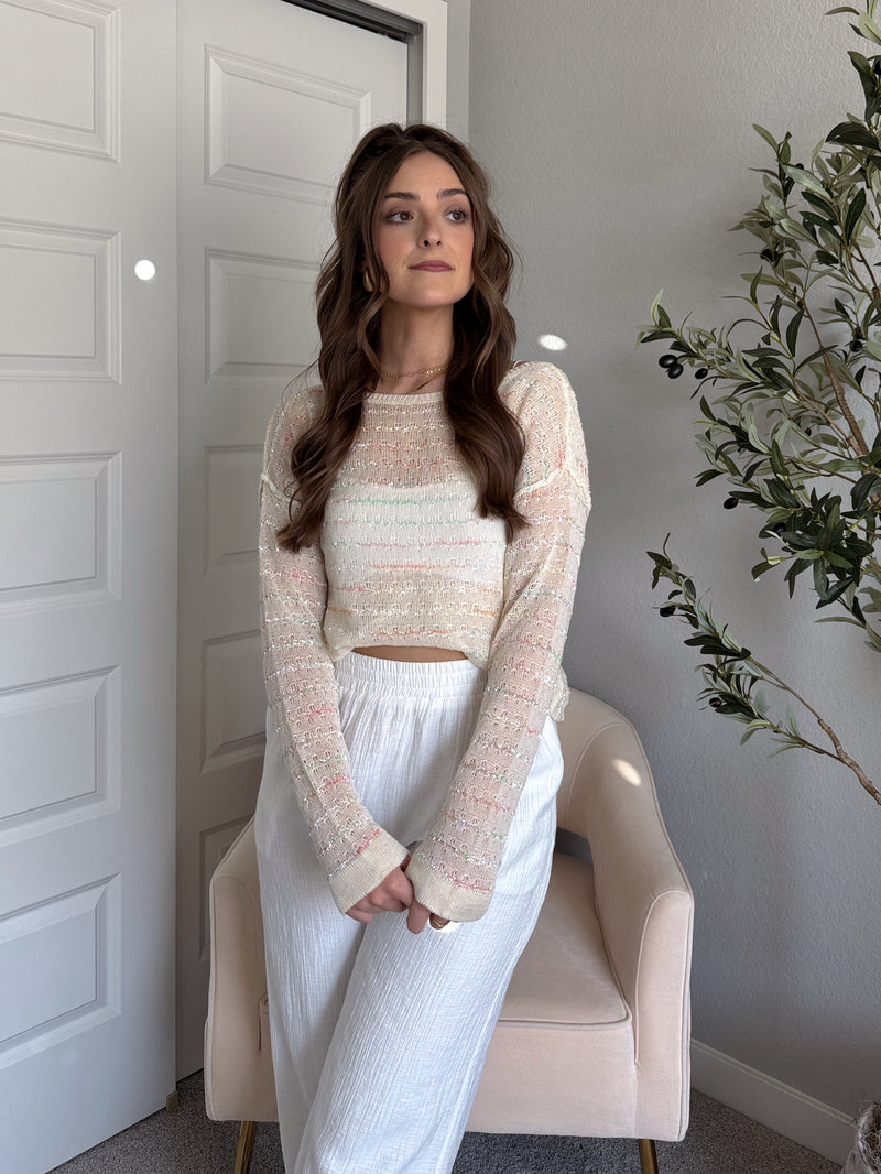 Tinsley Back Twist Striped Sheer Knit Top (Butter Cream)