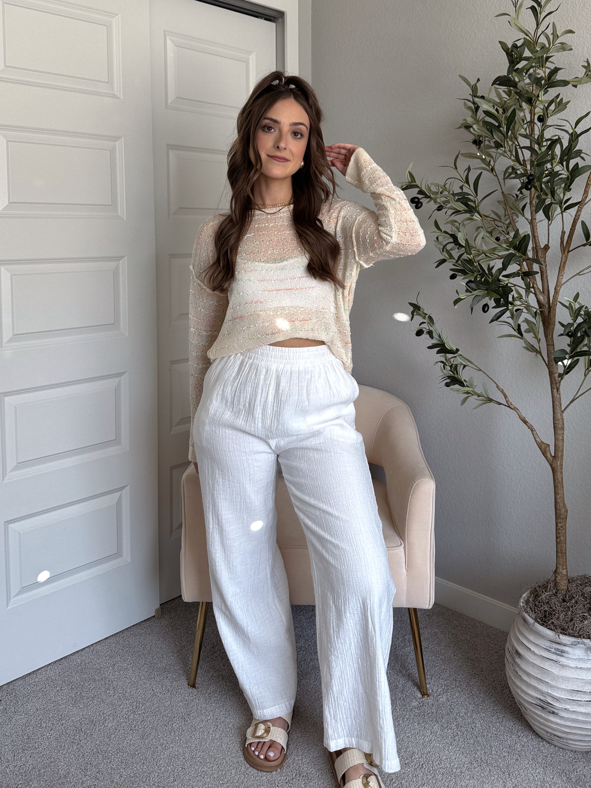 Tinsley Back Twist Striped Sheer Knit Top (Butter Cream)