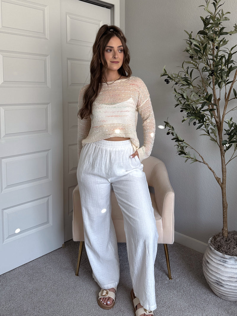Tinsley Back Twist Striped Sheer Knit Top (Butter Cream)