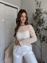 Tinsley Back Twist Striped Sheer Knit Top (Butter Cream)