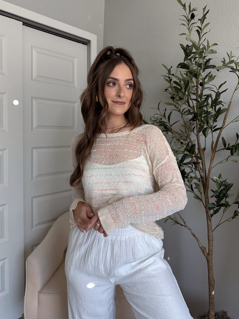 Tinsley Back Twist Striped Sheer Knit Top (Butter Cream)