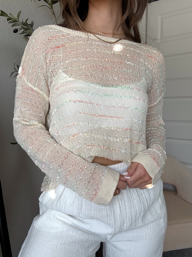Tinsley Back Twist Striped Sheer Knit Top (Butter Cream)