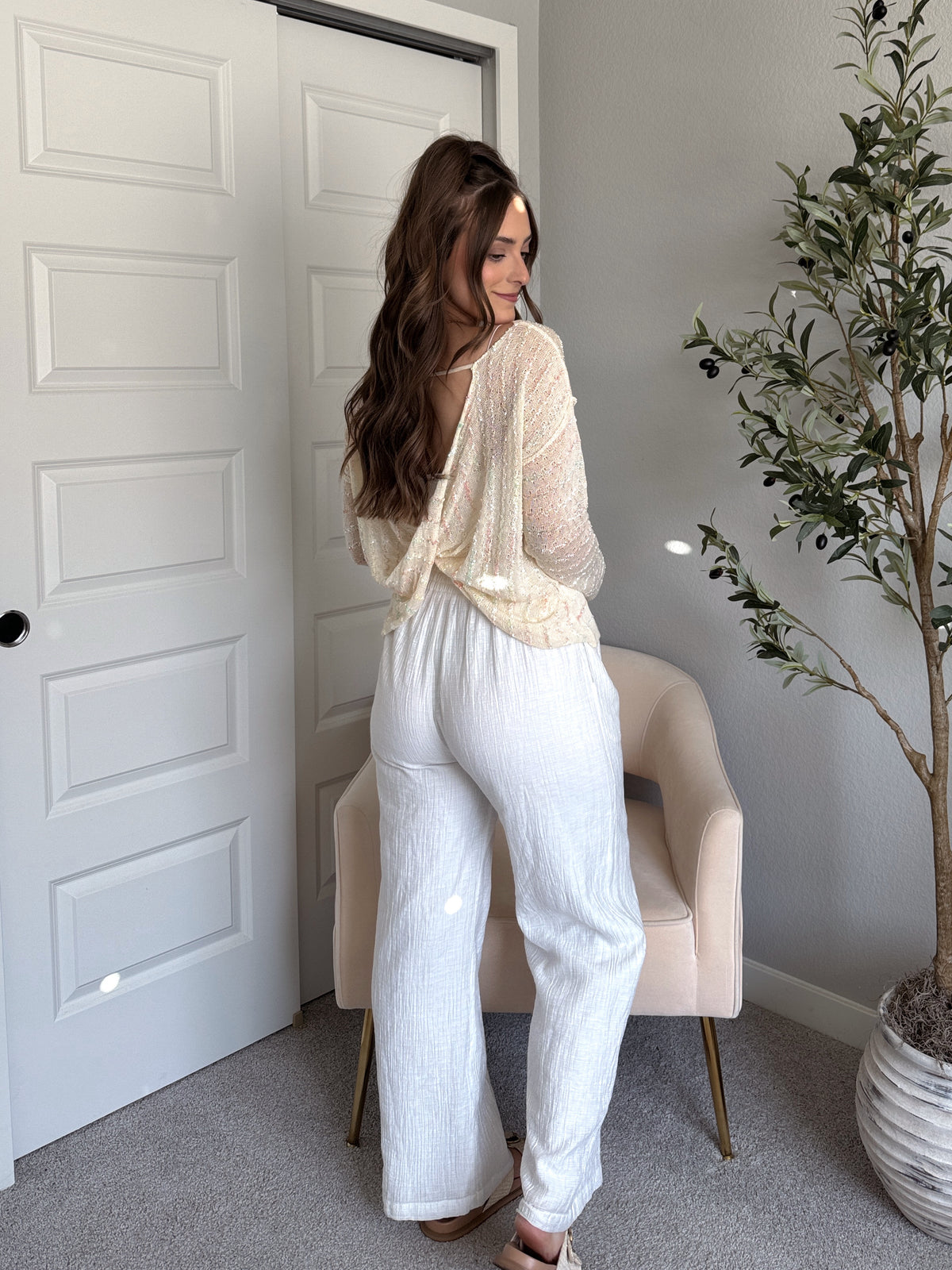 Tinsley Back Twist Striped Sheer Knit Top (Butter Cream)