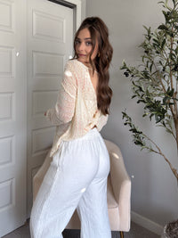 Tinsley Back Twist Striped Sheer Knit Top (Butter Cream)