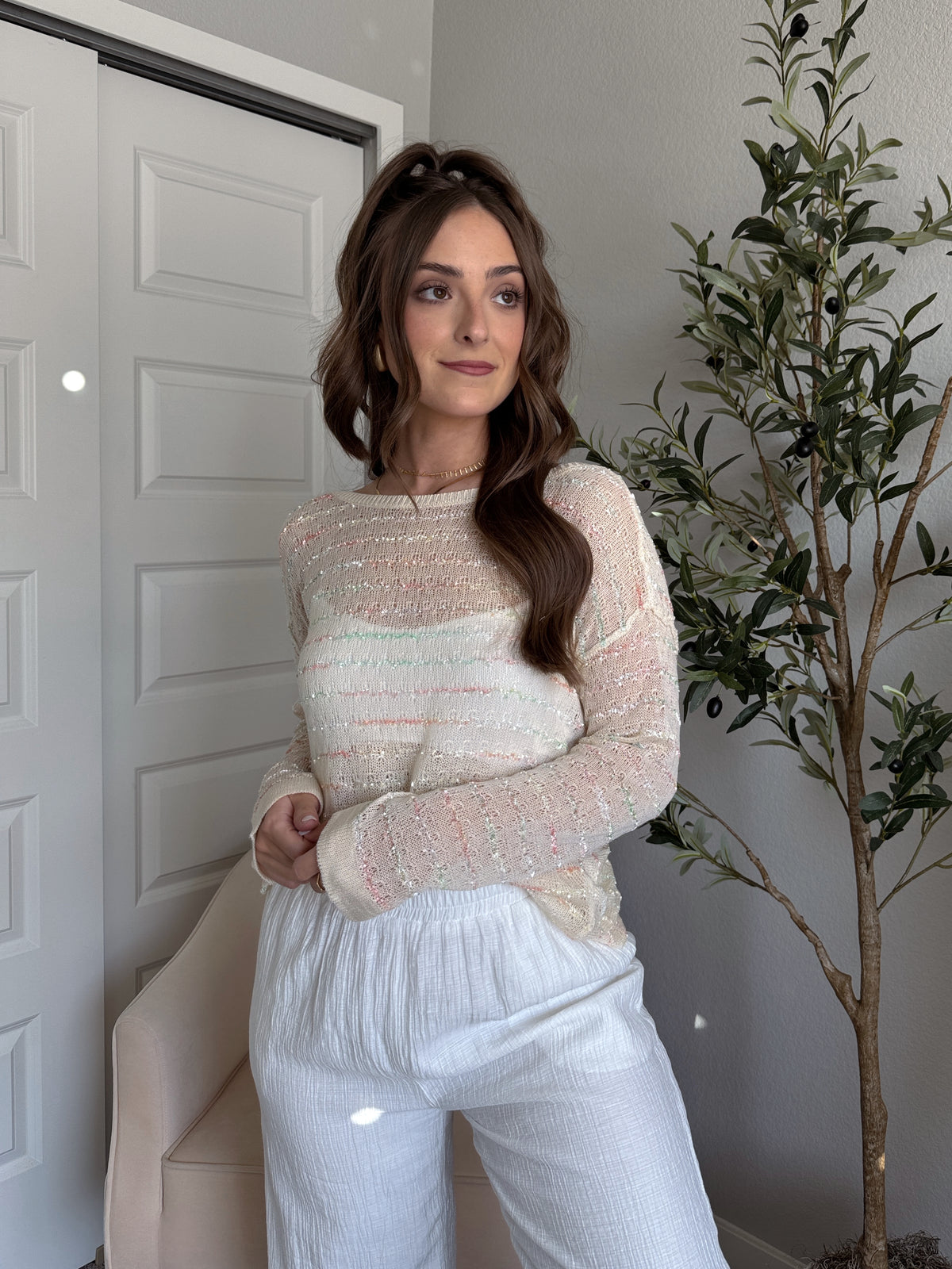 Tinsley Back Twist Striped Sheer Knit Top (Butter Cream)