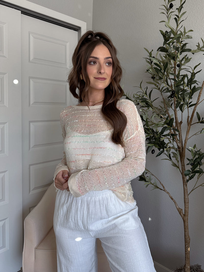 Tinsley Back Twist Striped Sheer Knit Top (Butter Cream)