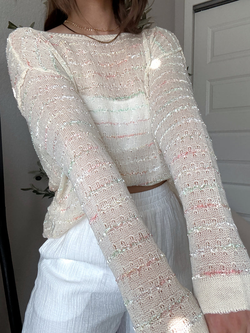 Tinsley Back Twist Striped Sheer Knit Top (Butter Cream)
