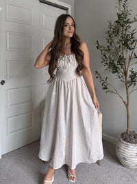 Tuscany Corset Detail Striped Midi Dress (Light Taupe/White)