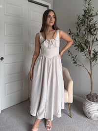 Tuscany Corset Detail Striped Midi Dress (Light Taupe/White)