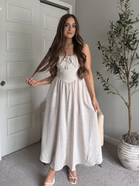 Tuscany Corset Detail Striped Midi Dress (Light Taupe/White)