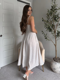 Tuscany Corset Detail Striped Midi Dress (Light Taupe/White)