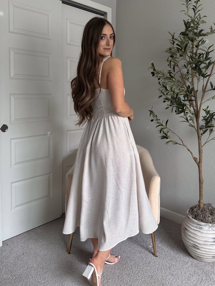 Tuscany Corset Detail Striped Midi Dress (Light Taupe/White)