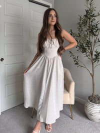 Tuscany Corset Detail Striped Midi Dress (Light Taupe/White)