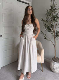 Tuscany Corset Detail Striped Midi Dress (Light Taupe/White)