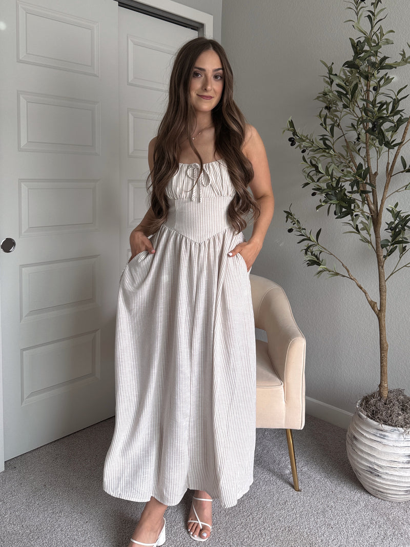 Tuscany Corset Detail Striped Midi Dress (Light Taupe/White)