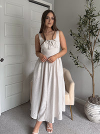 Tuscany Corset Detail Striped Midi Dress (Light Taupe/White)