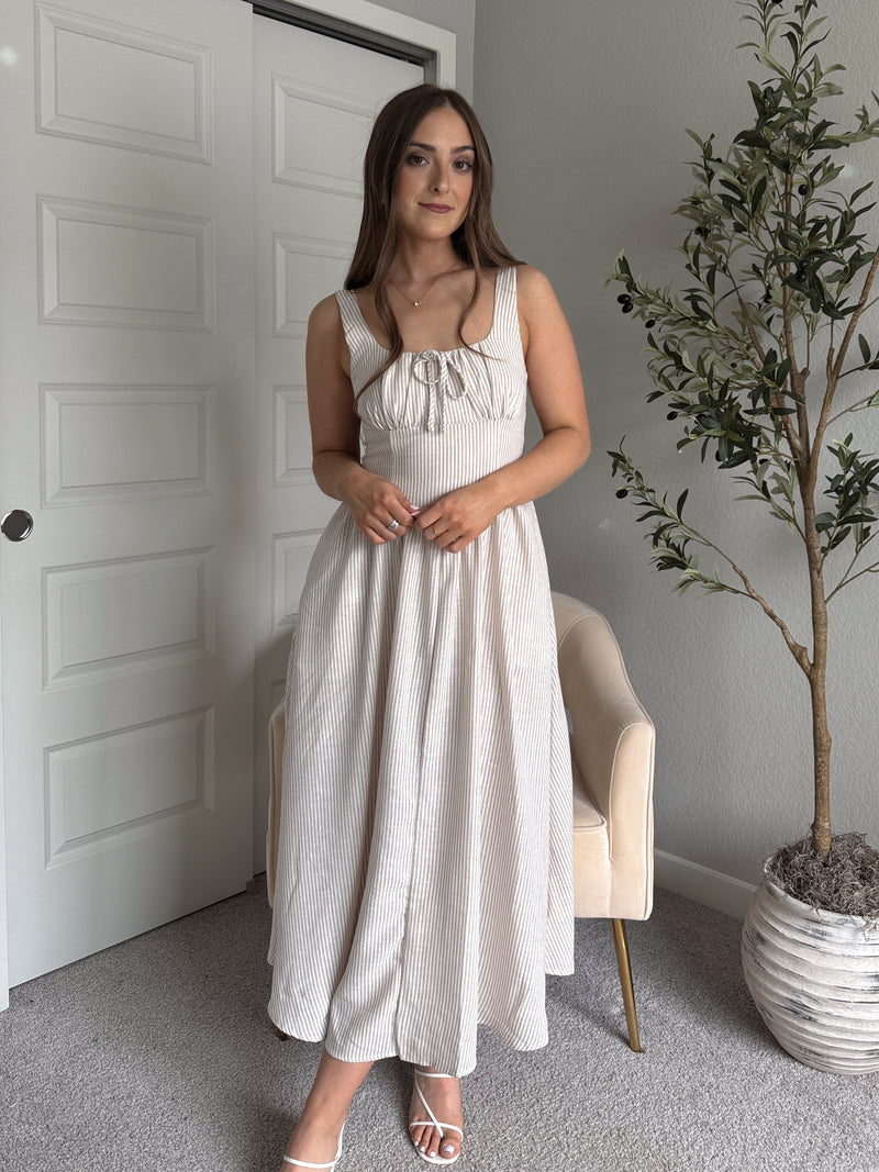 Tuscany Corset Detail Striped Midi Dress (Light Taupe/White)