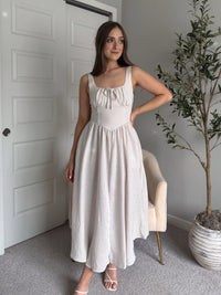 Tuscany Corset Detail Striped Midi Dress (Light Taupe/White)