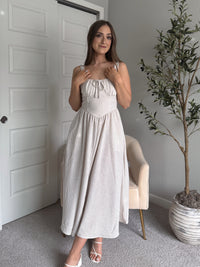 Tuscany Corset Detail Striped Midi Dress (Light Taupe/White)