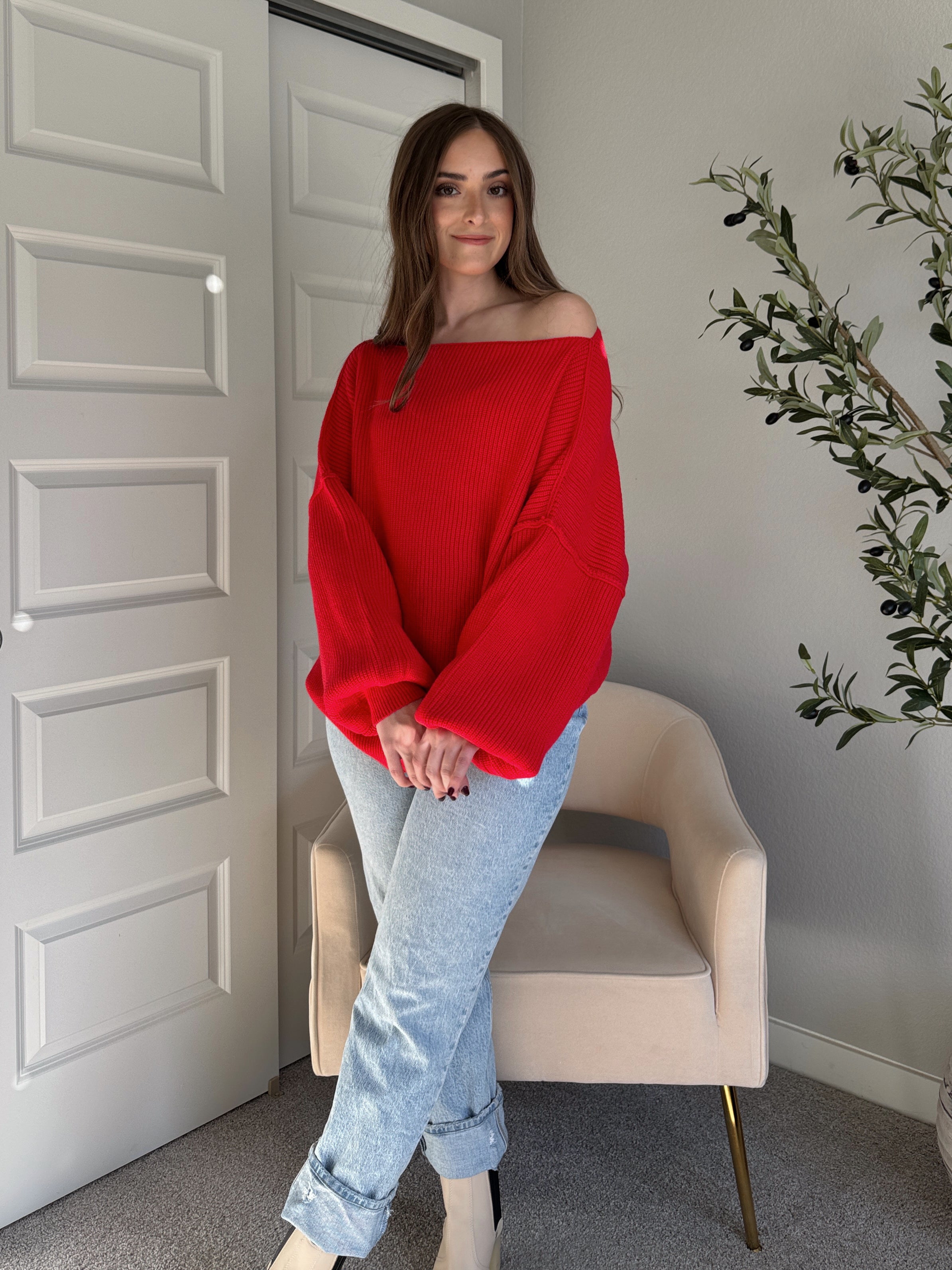 Vail Oversized Boat Neck Bubble Sleeve Sweater Scarlet Red